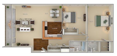 Floor plan for 2 beds, 2 baths, 975 sqft